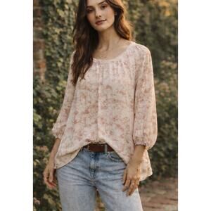 Bordeaux 100% Silk Boho Blouse Large Pink Ivory Tie Dye Swing Top Keyhole Back